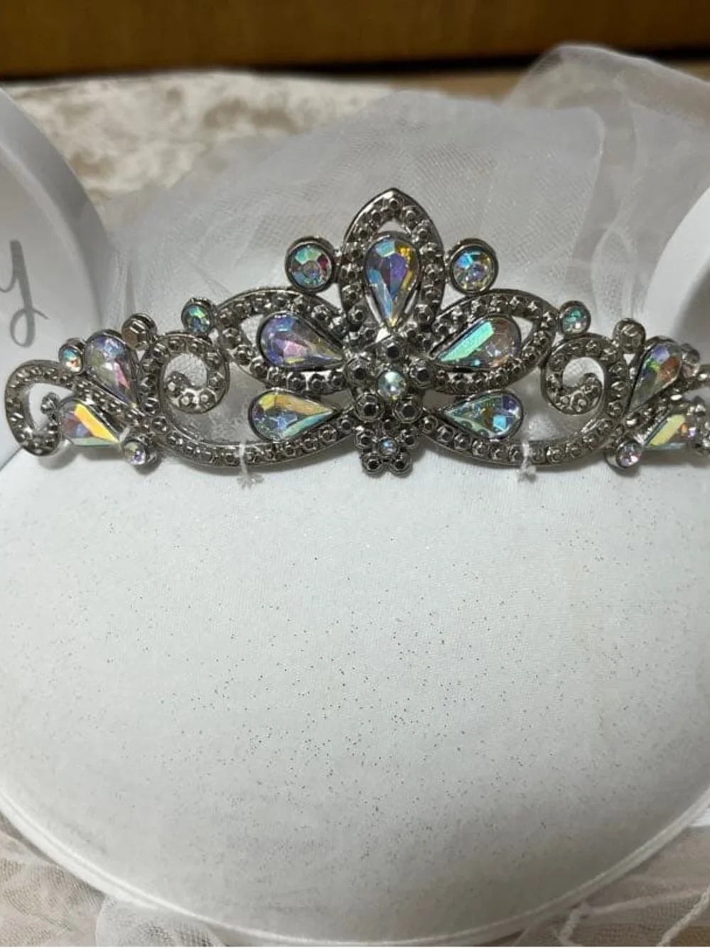Disney White Bridal Mickey Ear Headband with Veil and Silver Tiara
